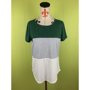 YunJey Round Neck Tri Color Block Stripe T-Shirt M Classic Short Sleeves Green